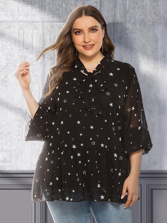 Star Printed Ruffle Tie Chiffon Blouse