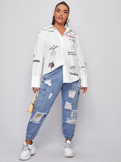 Slogan Graphic Drop Shoulder Blouse