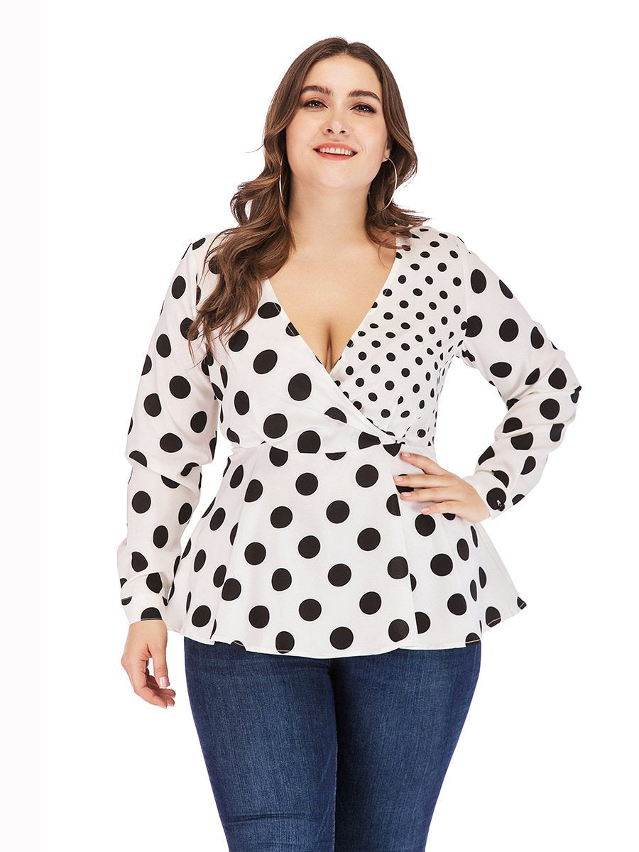 Polka Dot Wrap V-neck Blouse