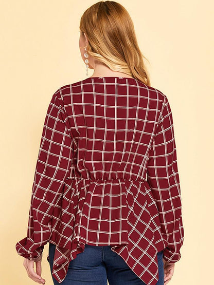 Plaid Irregular Hem Round Neck Blouse