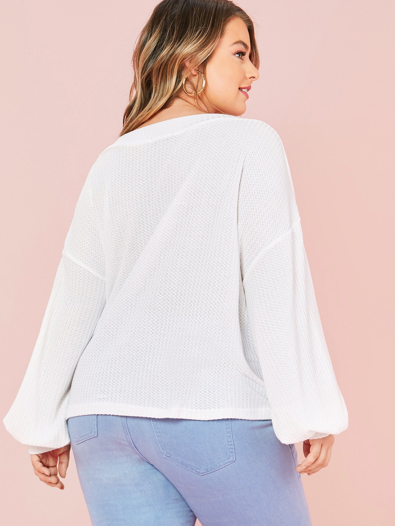 Drop Shoulder Lantern Sleeve Waffle Knit Top