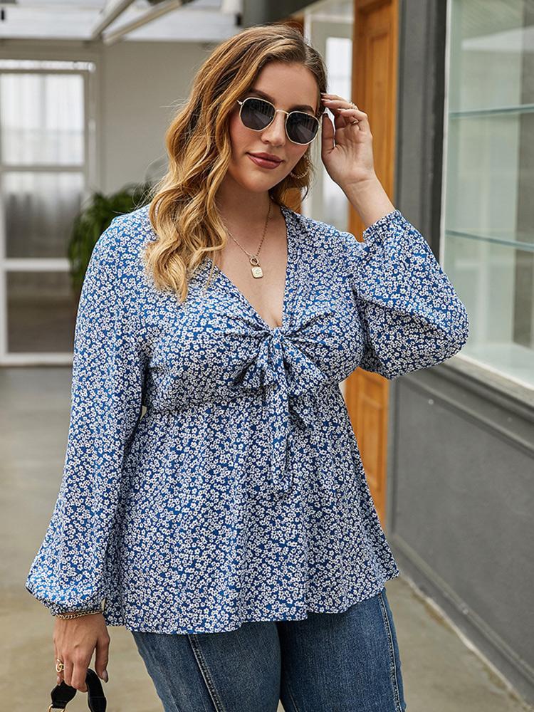 Ditsy Chiffon Lantern Sleeve Blouse