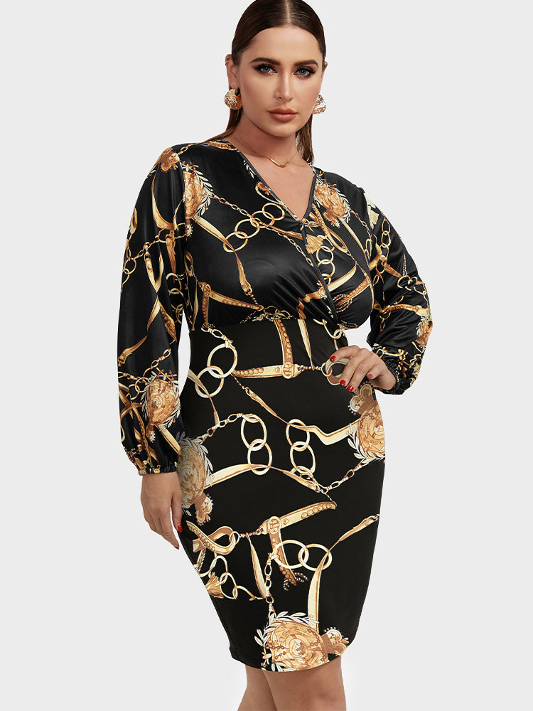 Chain Print Button Bodycon Dress