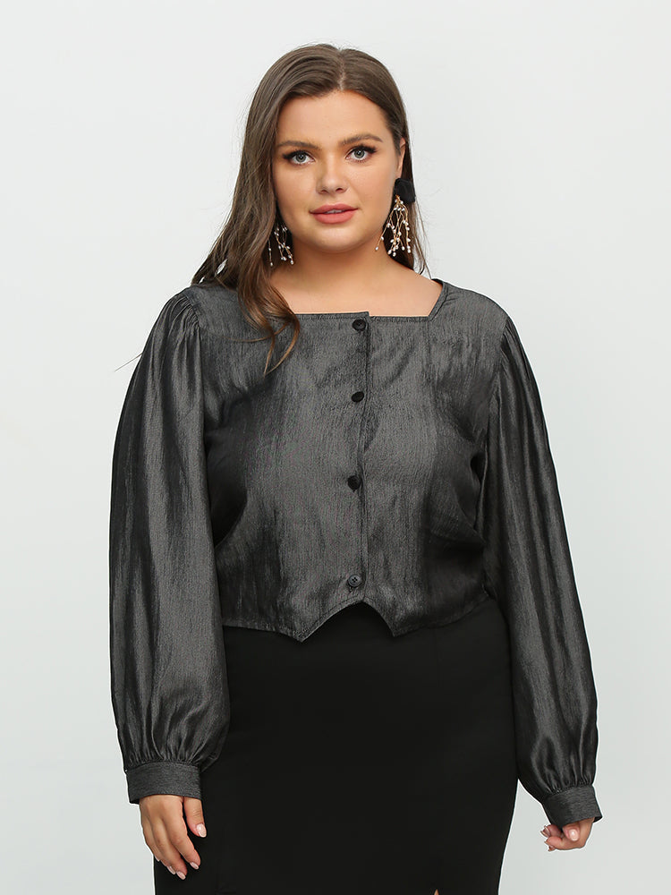 Button Puff Sleeve Square Neck Blouse