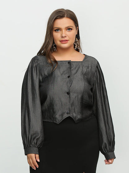 Button Puff Sleeve Square Neck Blouse