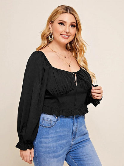 Pleated Square Collar Ruffle Top