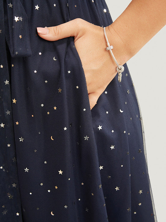 Moon And Star Notched Pocket Mesh Belted Flutter Dress