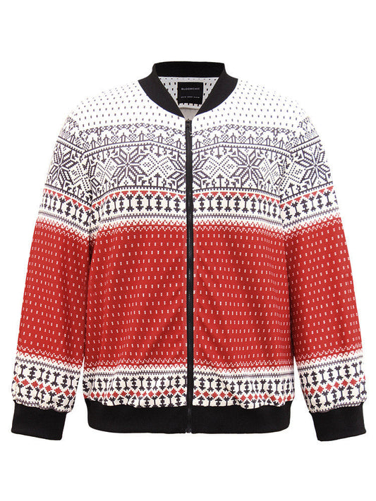 Christmas Patchwork Zipper Contrast Jacket