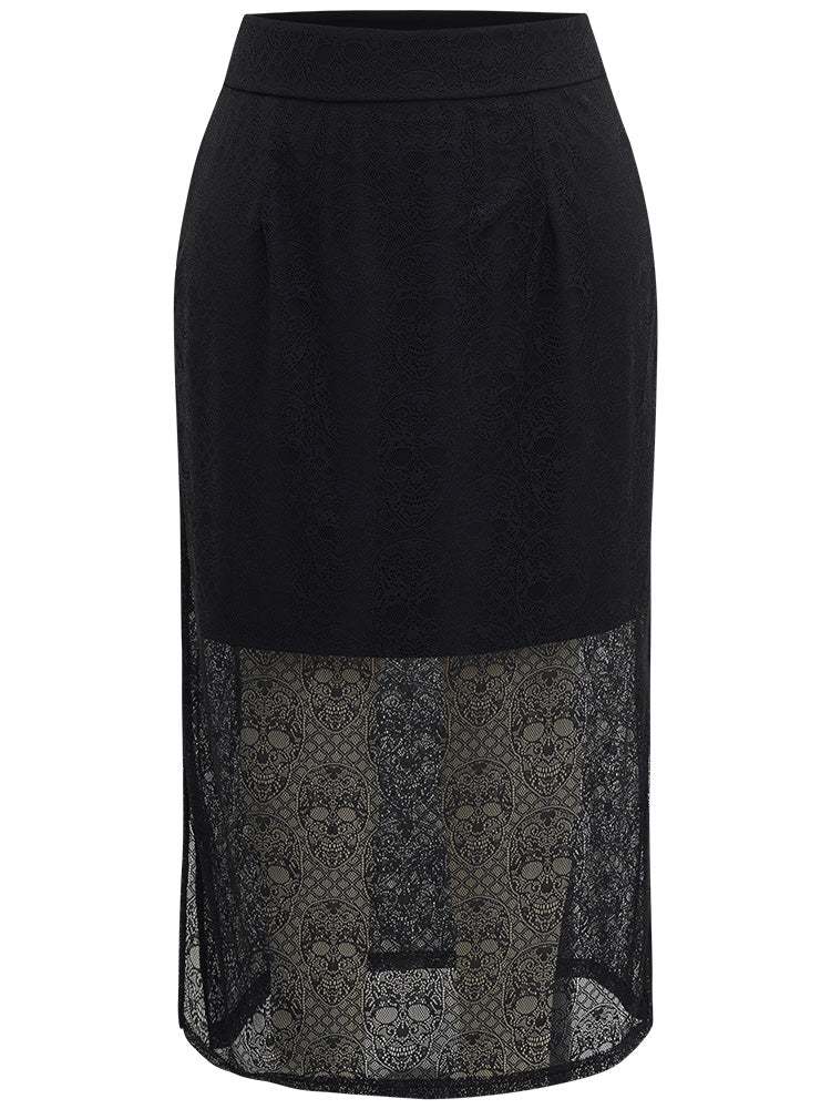 Halloween Lace Patchwork Mesh Split Hem Skirt