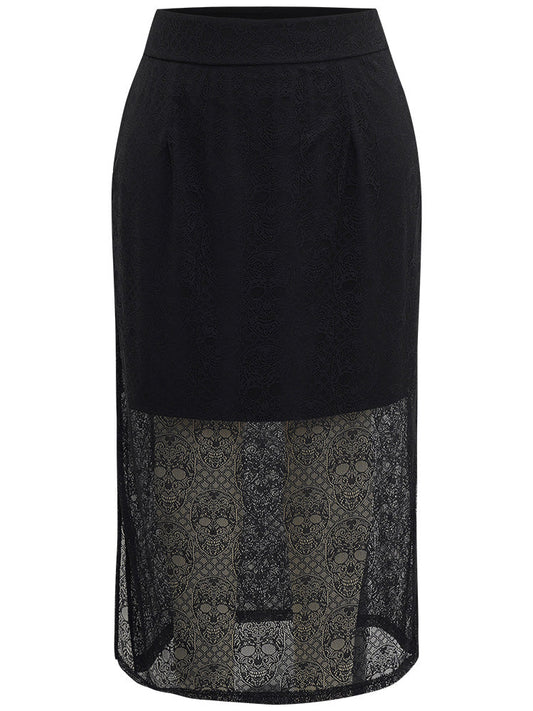 Halloween Lace Patchwork Mesh Split Hem Skirt