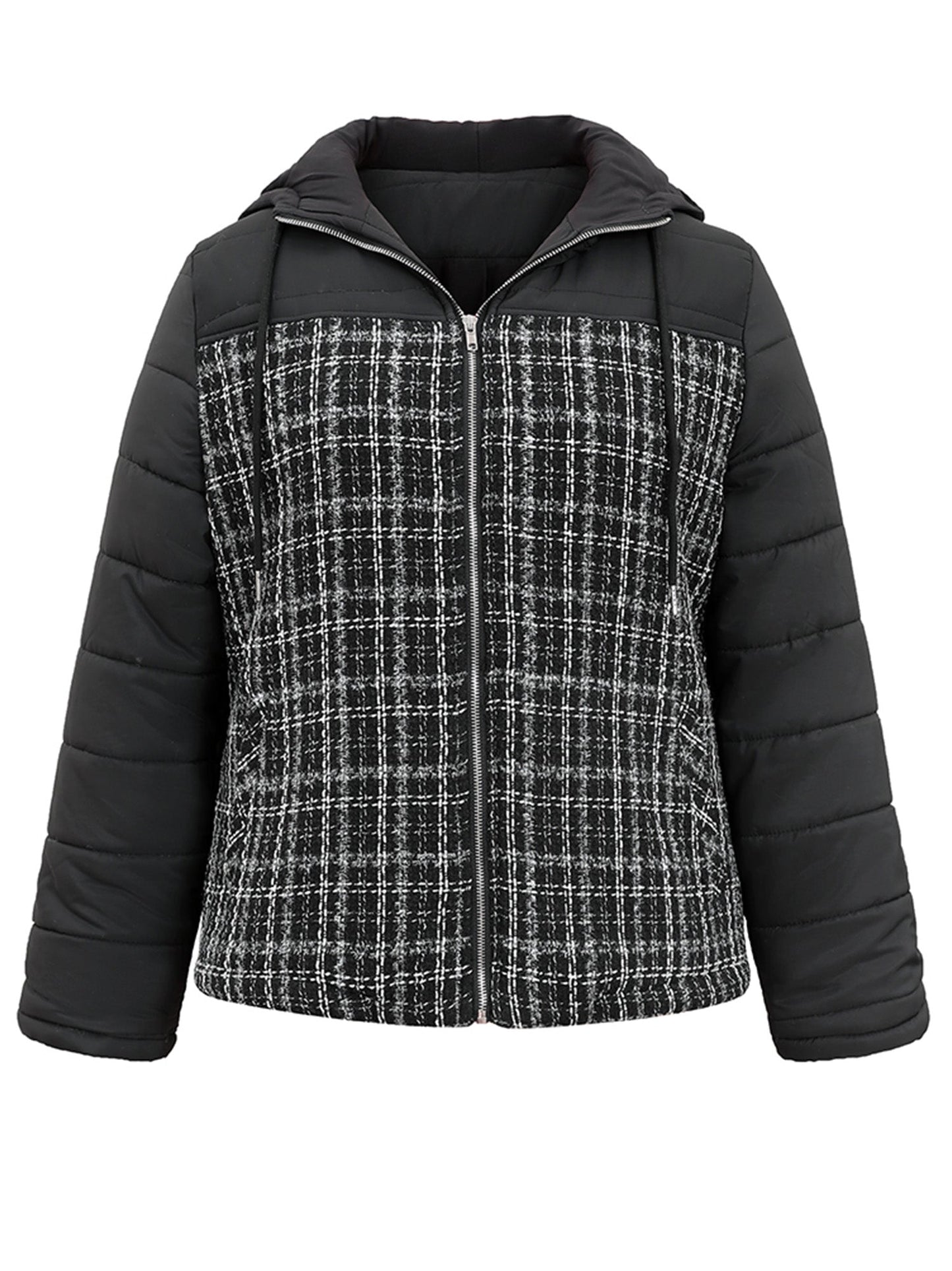 Gingham Tweed Patchwork Hooded Drawstring Jacket