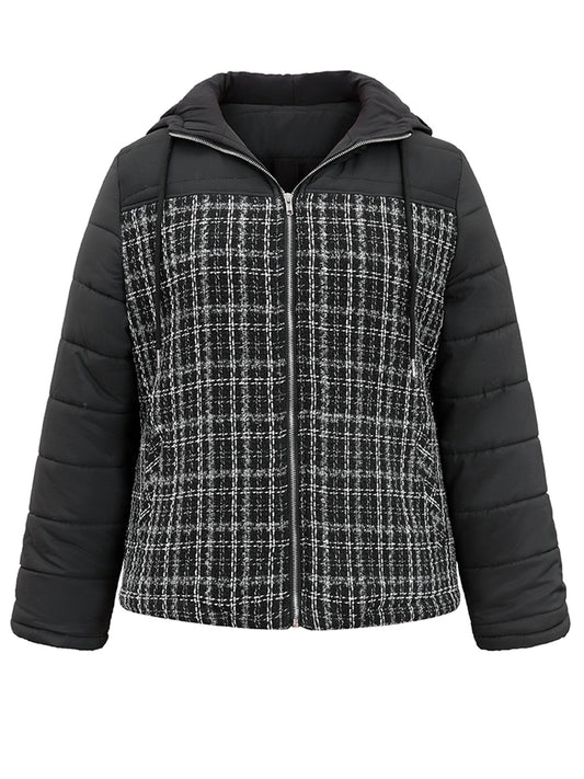 Gingham Tweed Patchwork Hooded Drawstring Jacket