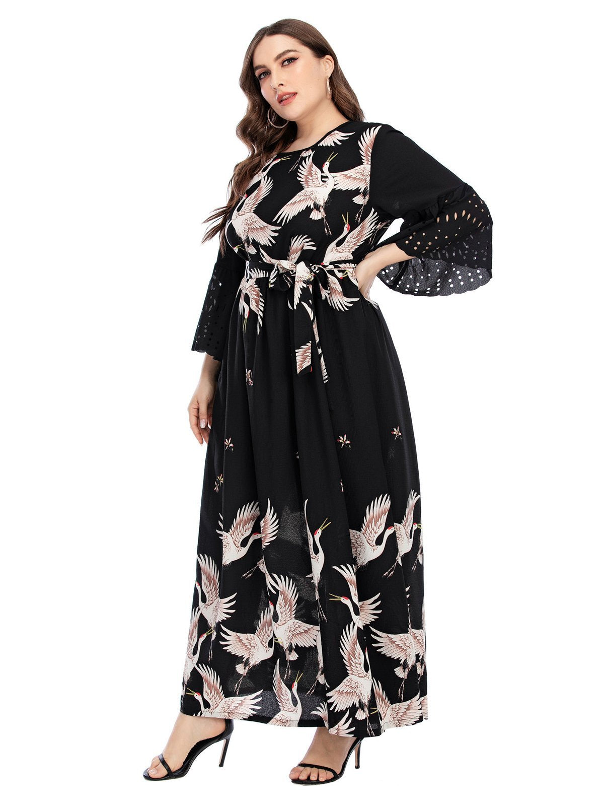 Crane Printed Flared Sleeve Maxi Dress