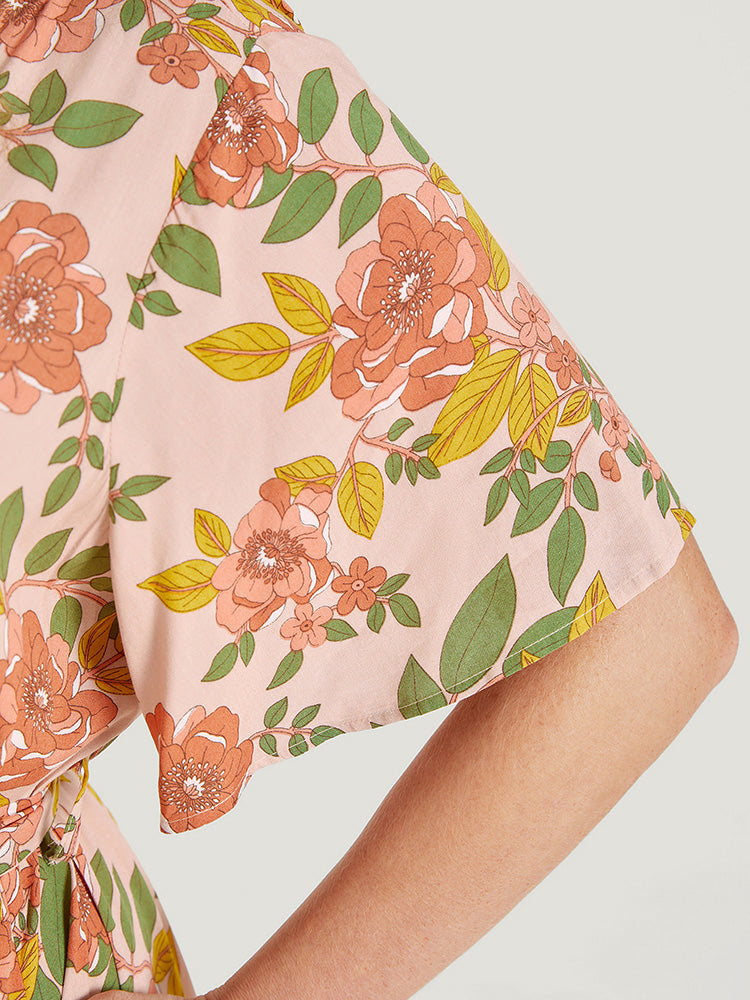 Floral Ruffle Trim Surplice Neck Pocket Belted Asymmetrical Dress