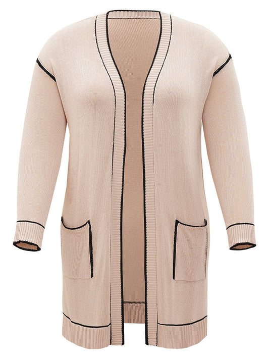 Contrast Trim Patched Pocket Drop Shoulder Cardigan