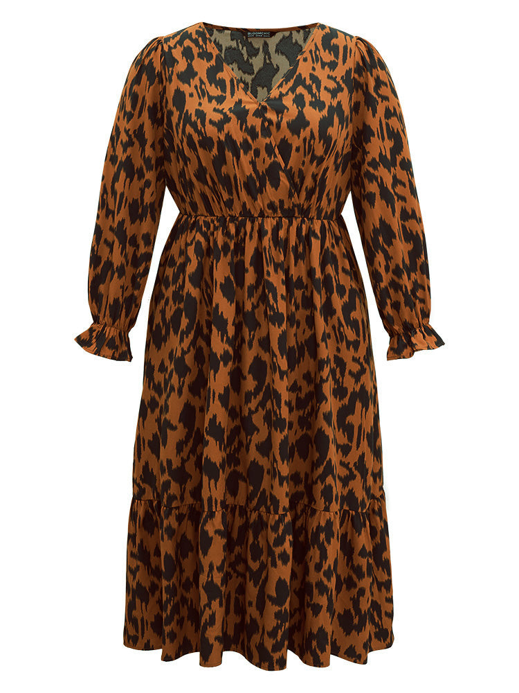 Overlap Collar Leopard Gathered Ruffles Dress