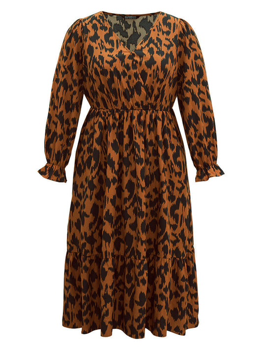 Overlap Collar Leopard Gathered Ruffles Dress