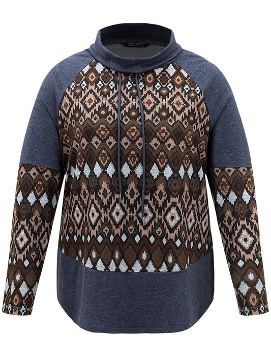 Bandana Patchwork Mock Neck Raglan Sleeve Sweatshirt