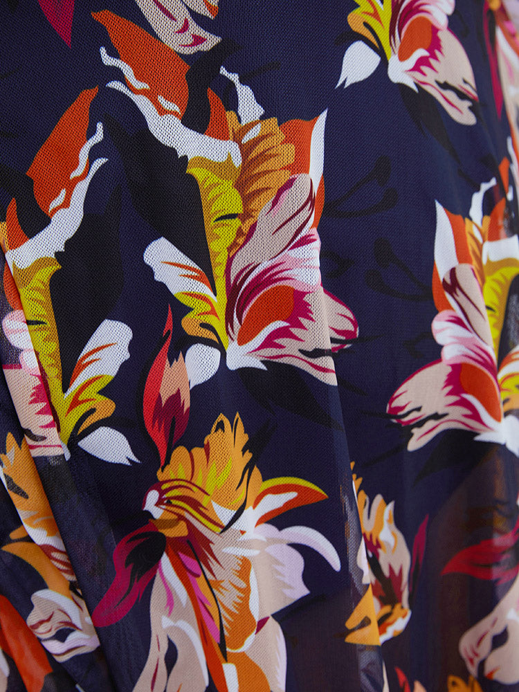 Floral Mesh Surplice Neck Ruffles Swim Dress