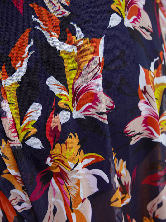 Floral Mesh Surplice Neck Ruffles Swim Dress