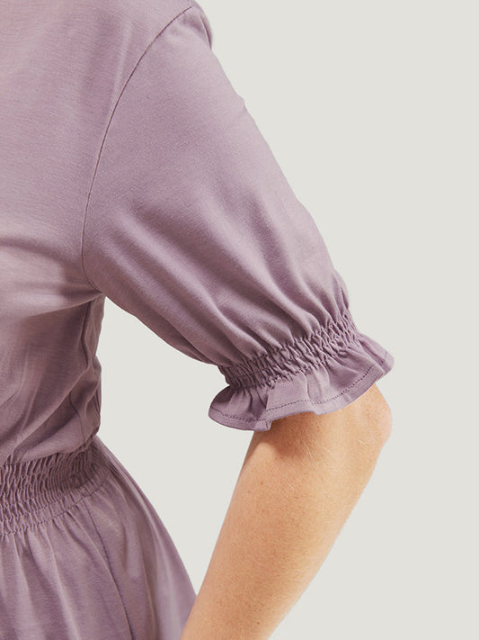 Solid Shirred Lantern Sleeve Wrap Ruffle Hem T-shirt