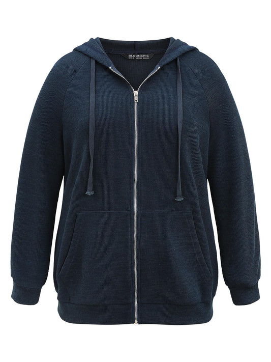 Rib Knit Raglan Sleeve Hooded Drawstring Sweatshirt