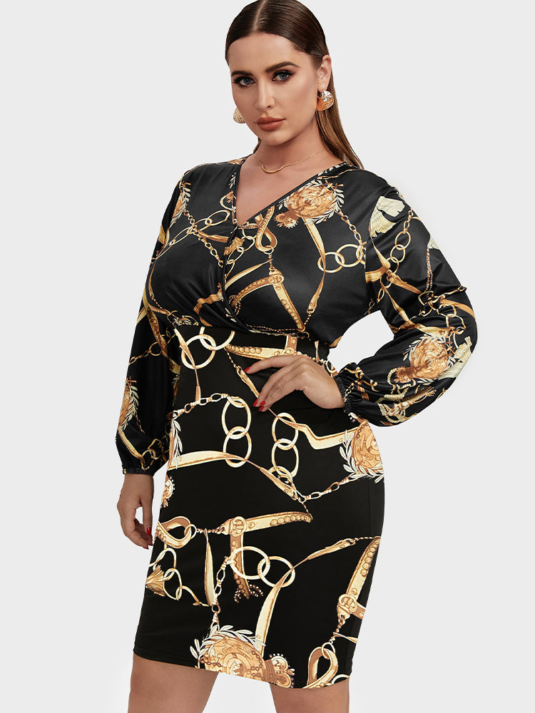 Chain Print Button Bodycon Dress