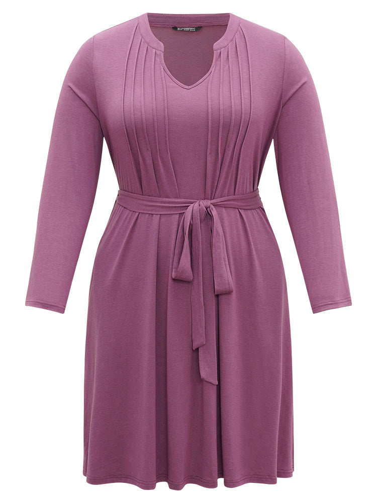 Solid Notched Pocket Pleated Belted Dress