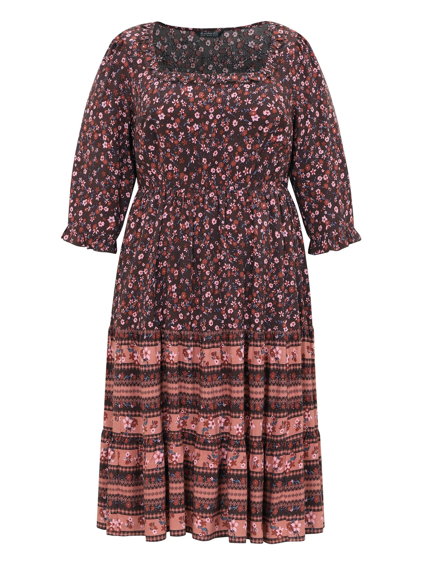 Ditsy Floral Patchwork Square Neck Frill Trim Dress