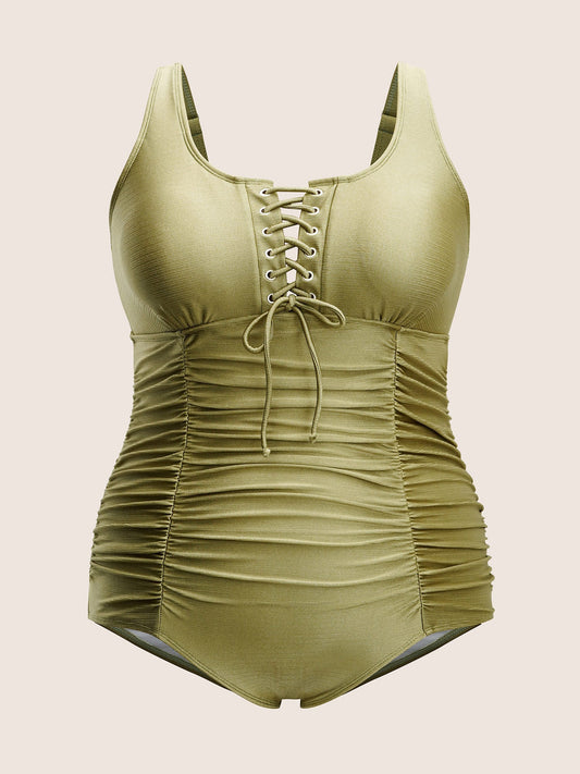 Solid Lace Up Gathered One Piece Swimsuit