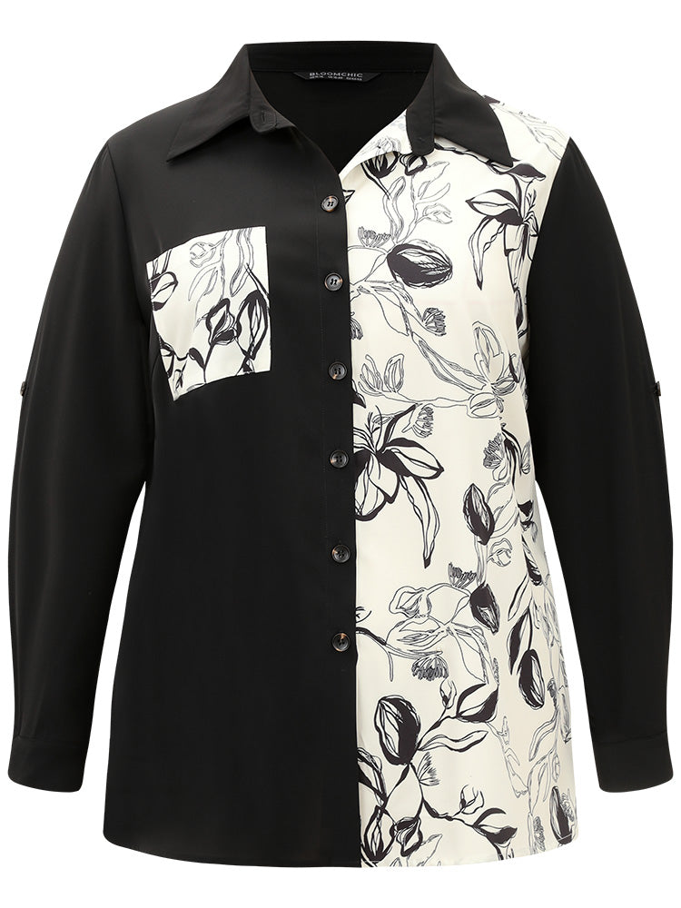Silhouette Floral Print Twill Shirt Collar Contrast Blouse