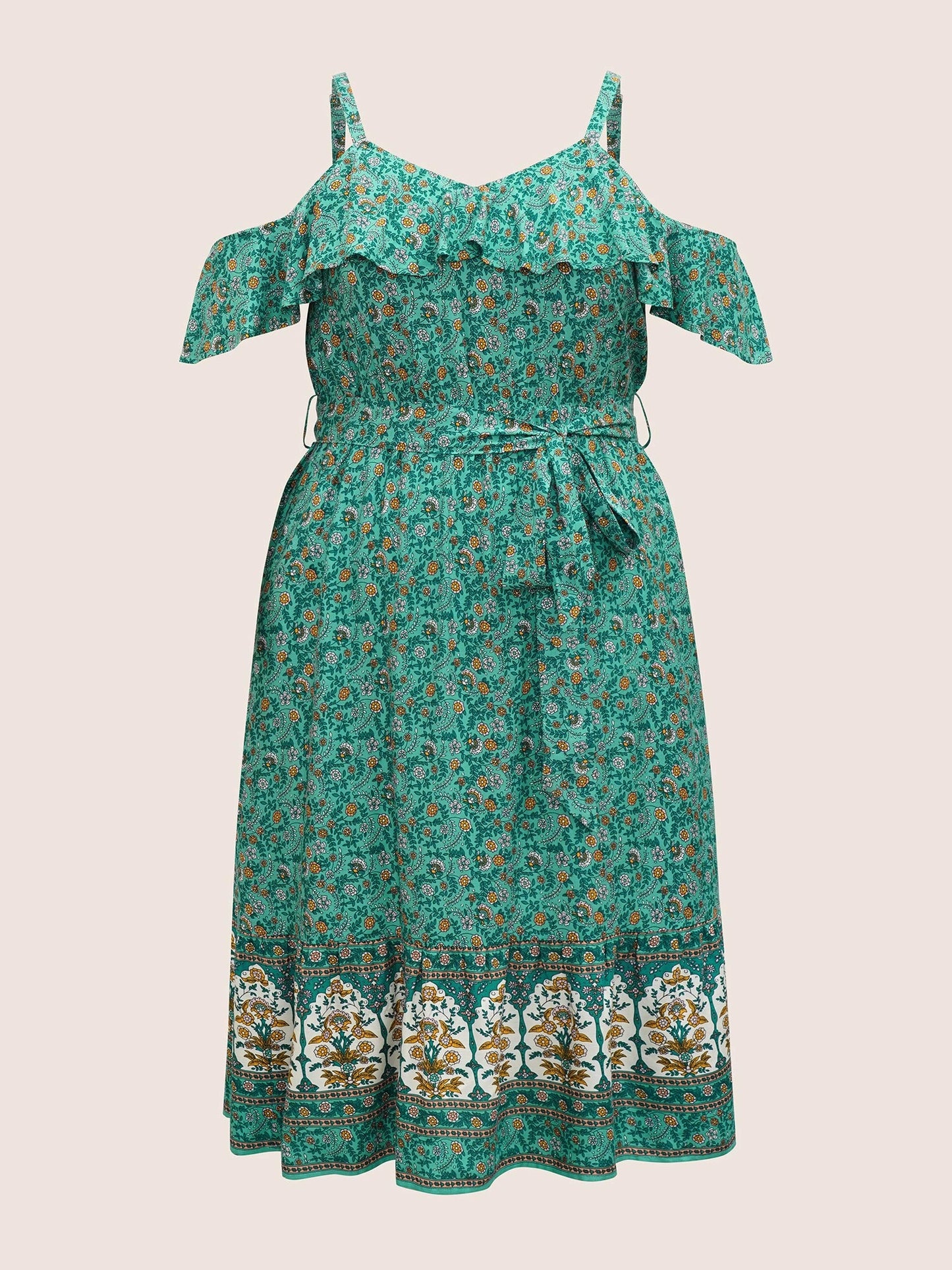 Bandana Ruffles Belted Cold Shoulder Dress