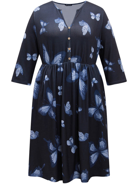 Butterfly Print Notched Elastic Waist Button Detail Dress
