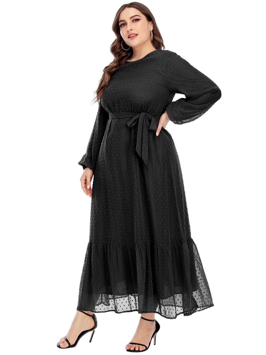 Dot Mesh Belt Round Neck Maxi Dress