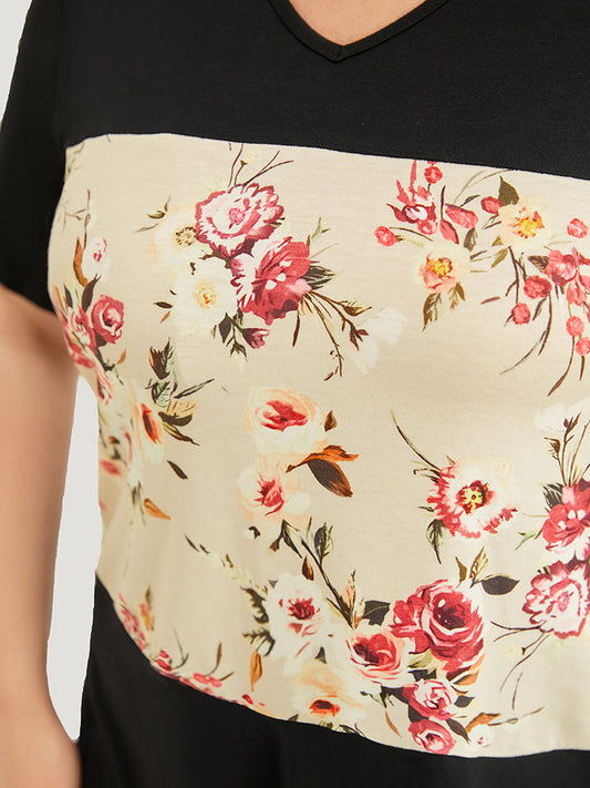 Floral Print Colorblock Contrast Split High Low Hem T-shirt