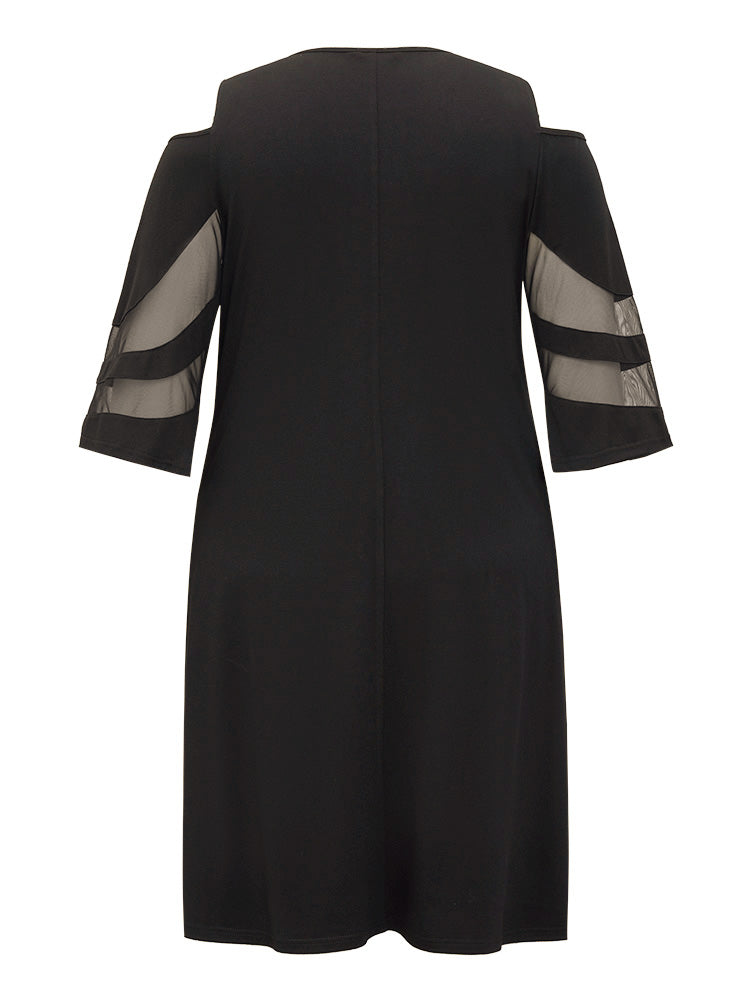 Plain Mesh Insert Pocket Cut Out Bell Sleeve Dress