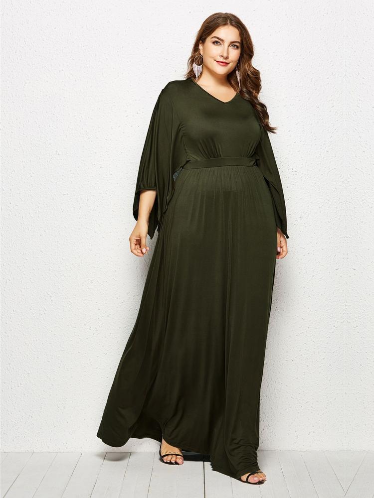 Solid Color Bat Sleeve Maxi Dress