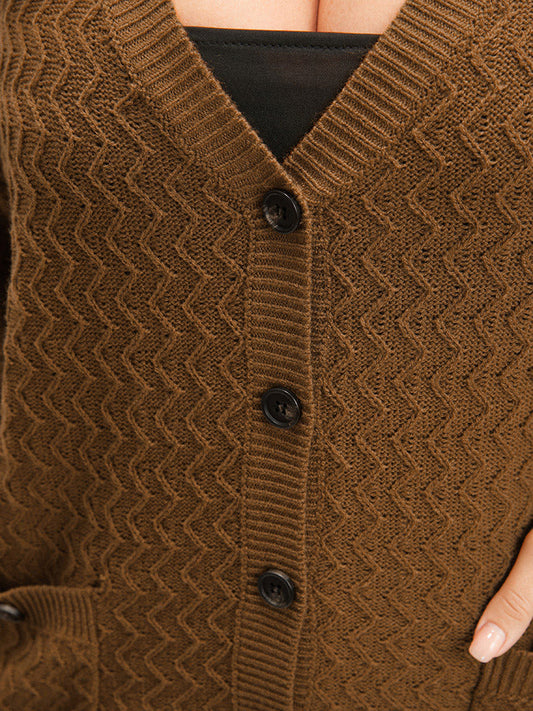 Plain Pointelle Knit Geometric Crochet Pocket Button Front Cardigan