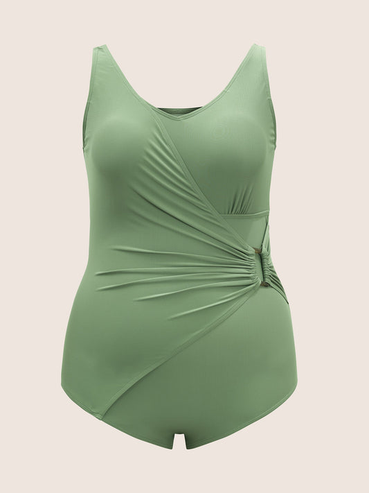 Ruched Buckle Detail Patchwork One Piece Swimsuit