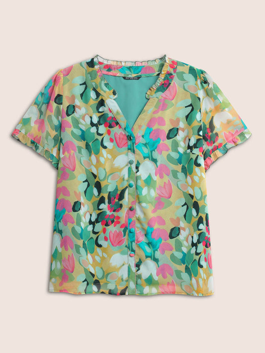 Floral Print Frill Trim Button Detail Blouse