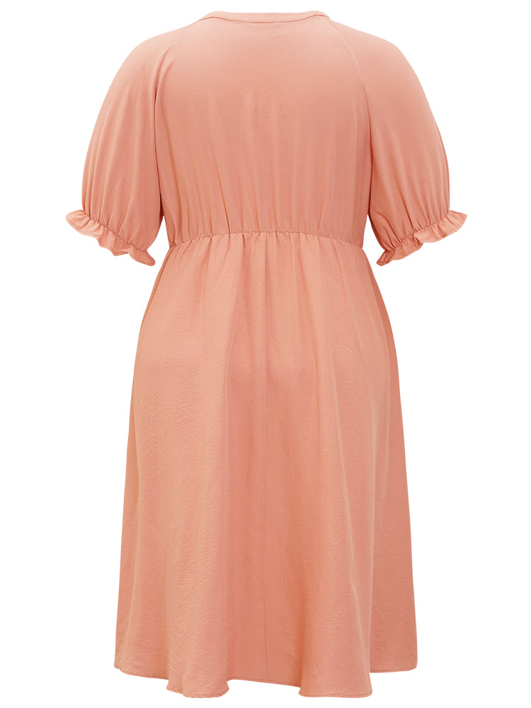 Plain Ruffles Pocket Button Up Puff Sleeve Pleated Dress
