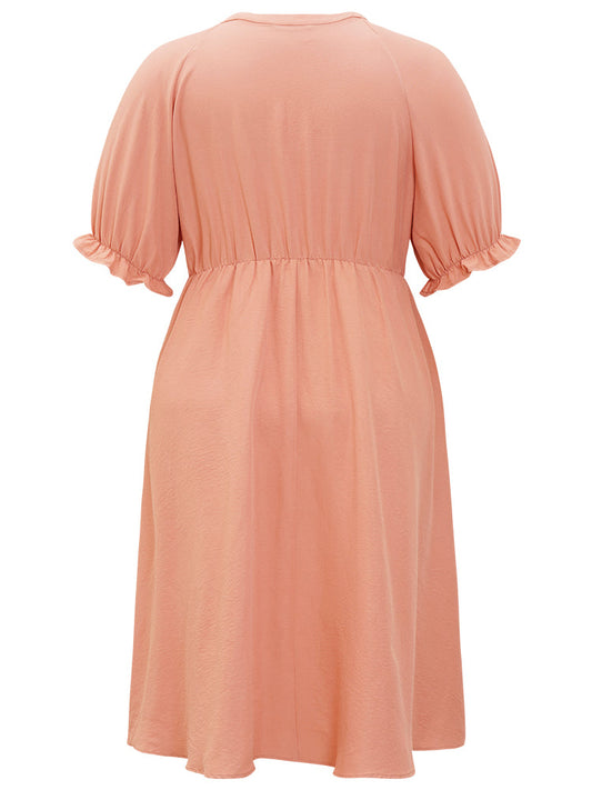 Plain Ruffles Pocket Button Up Puff Sleeve Pleated Dress