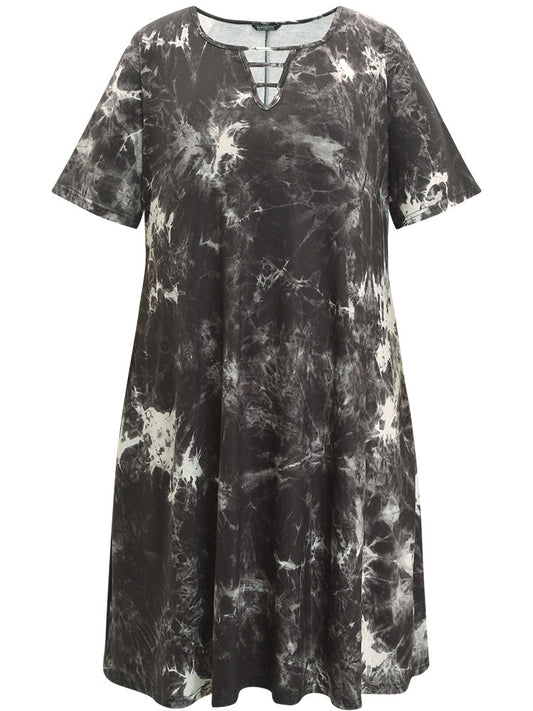 Marble Cut Out Pocket Zipper Midi Dress