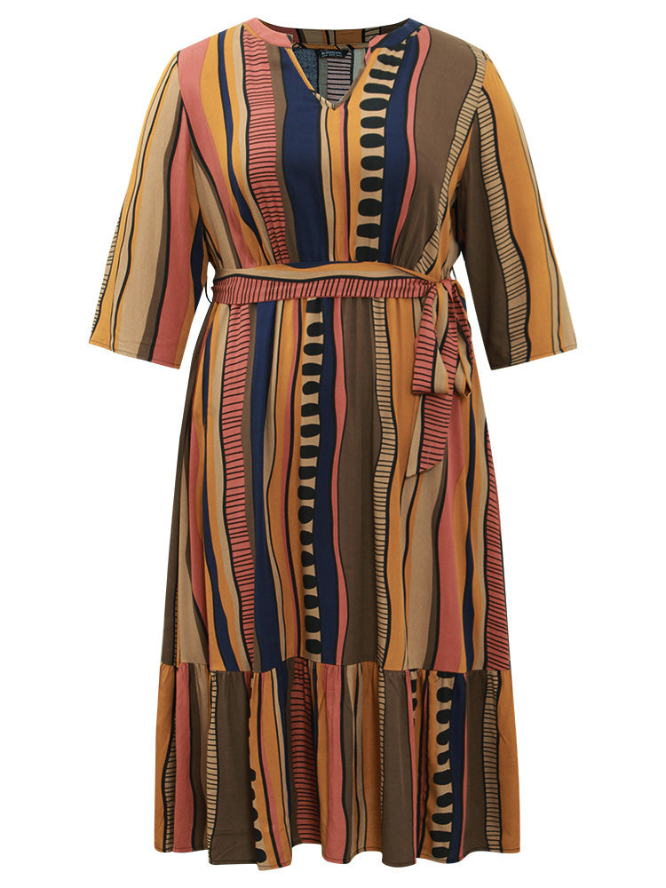 Cotton Striped Colorblock Belted Notched Dress