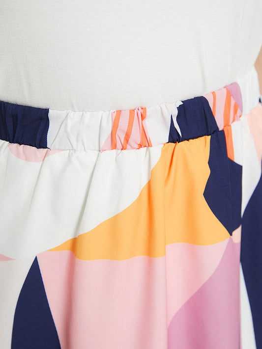 Geometric Print Pocket Elastic Waist Color Block Skirt