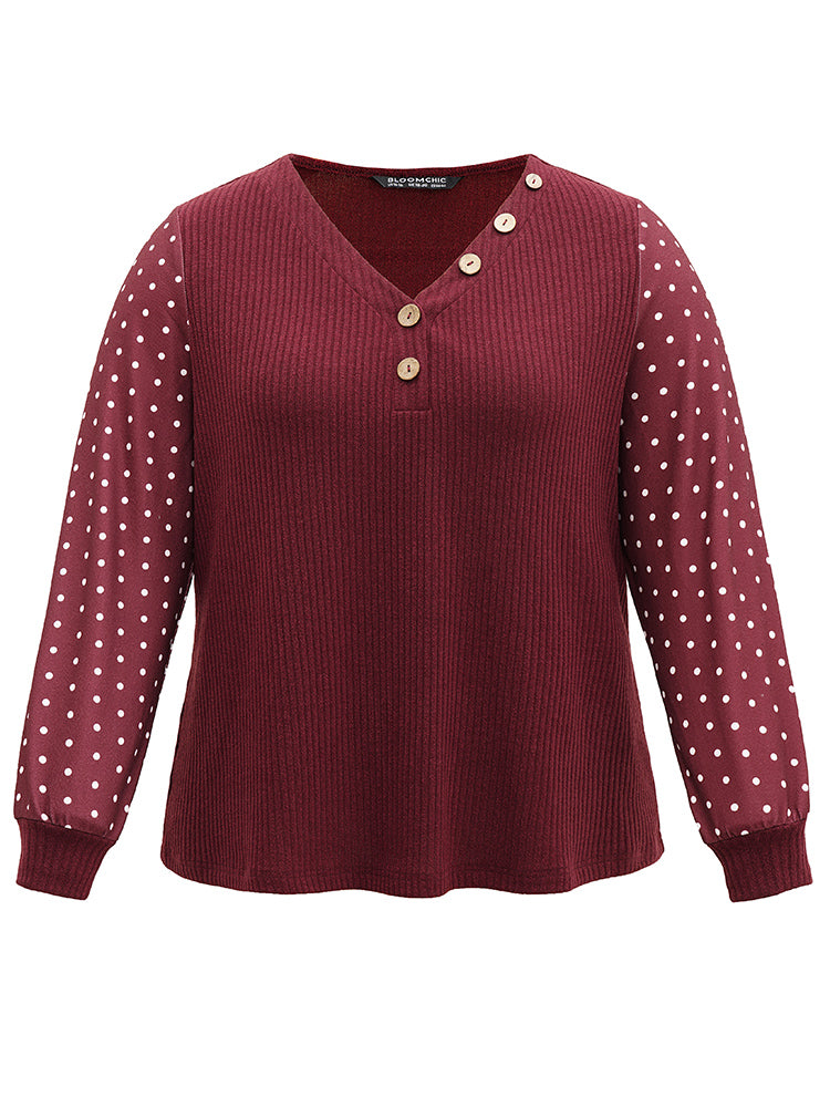 Polka Dot Patchwork Button Detail Rib Knit T-shirt