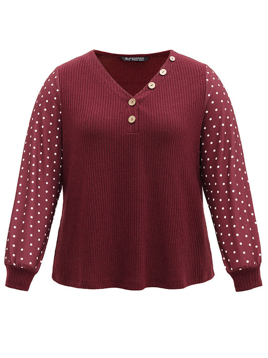 Polka Dot Patchwork Button Detail Rib Knit T-shirt
