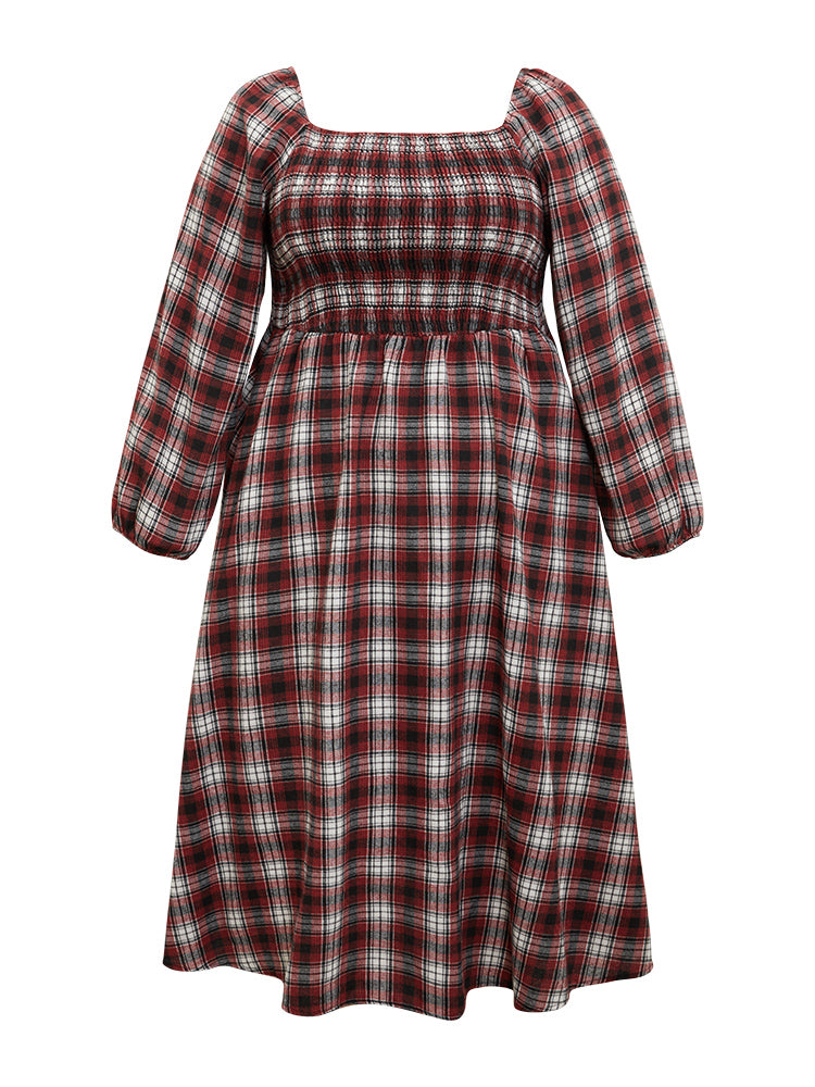Square Neck Plaid Shirred Lantern Sleeve Dress