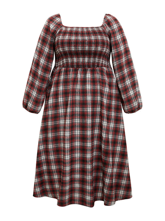 Square Neck Plaid Shirred Lantern Sleeve Dress
