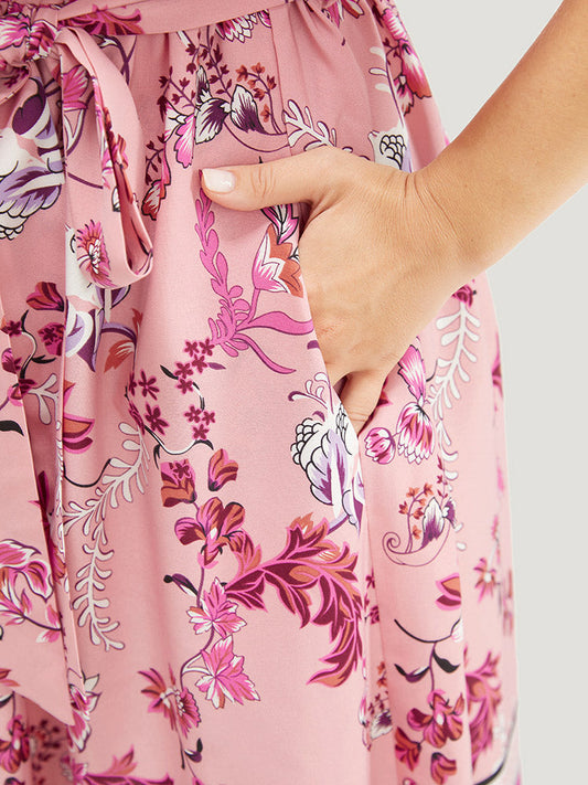 Bandana Print Pocket Surplice Neck Belt Ruffle Dress